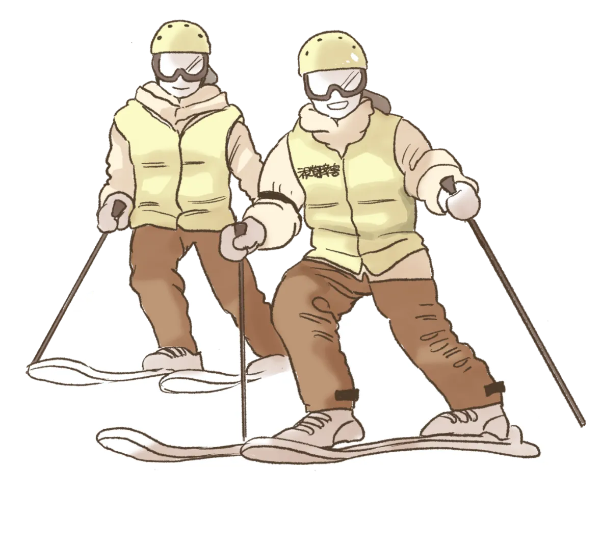 視覚障害者とヘルパーが縦に並んでスキーをしているイラスト