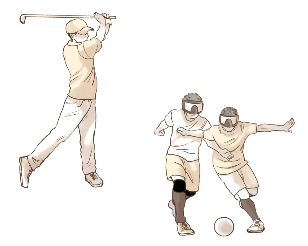 若い視覚障害者の男性が、ゴルフのスイングをしているイラストと、ブラインドサッカーで2人の選手がボールを取り合っているイラスト