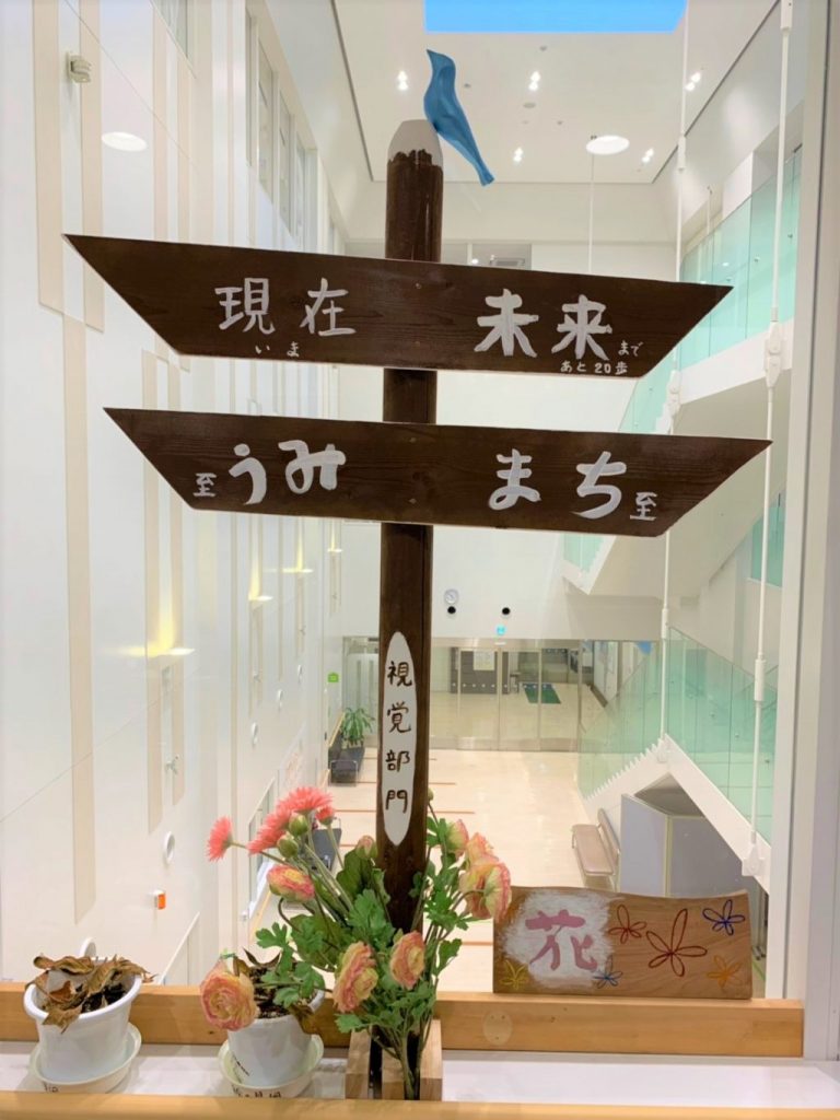 木製の十字の形をしたオブジェで、右側を示す矢印には「未来まであと20歩、まちに至る」左側には「現在、うみに至る」と書かれている画像。