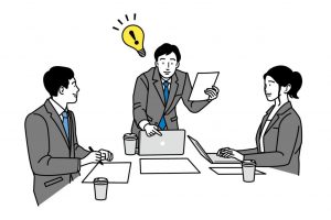 会議室でスーツの男性3人が話し合っているイラスト