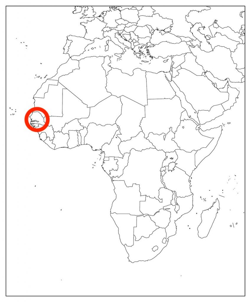 アフリカのセネガルを示した画像。アフリカ大陸の西の端にある。