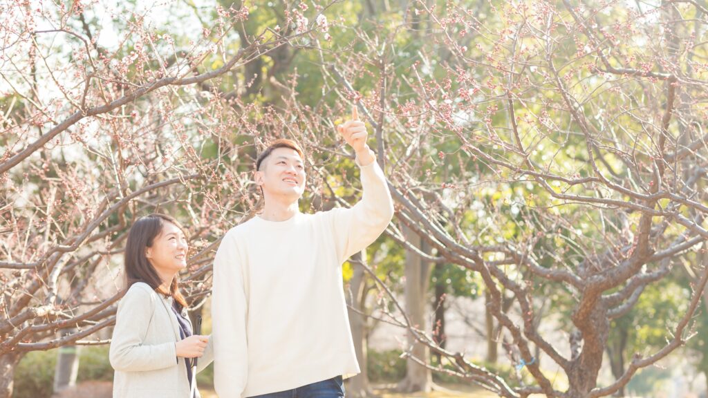 高橋さんが、視覚障害者の人を誘導しながら梅の木を指さし説明している画像。