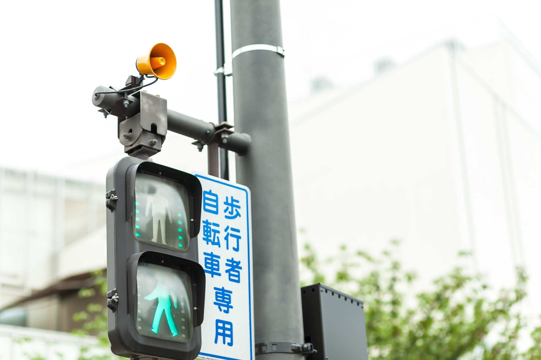 歩行者用信号の上にスピーカーがついている様子、
