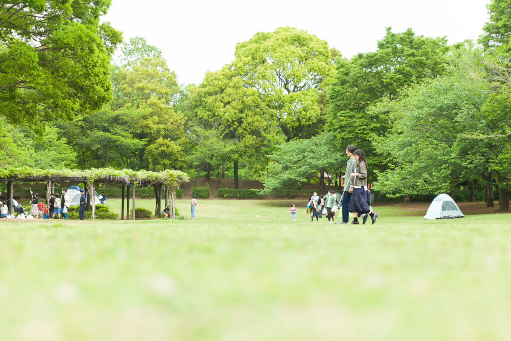 公園の芝生の上を白杖の人とガイドヘルパーが歩いている。