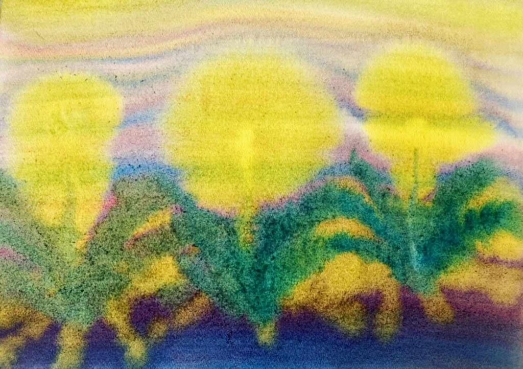 オバケのタムタムさんの作品「たんぽぽ」の画像。紙面に3つのたんぽぽの花の絵。たんぽぽを表す黄色い丸がふんわり輝くように咲いていて、その下に緑色の葉が広がっている様子。