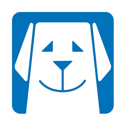 ALT）盲導犬マークの画像。青で描かれた犬の顔のイラスト。