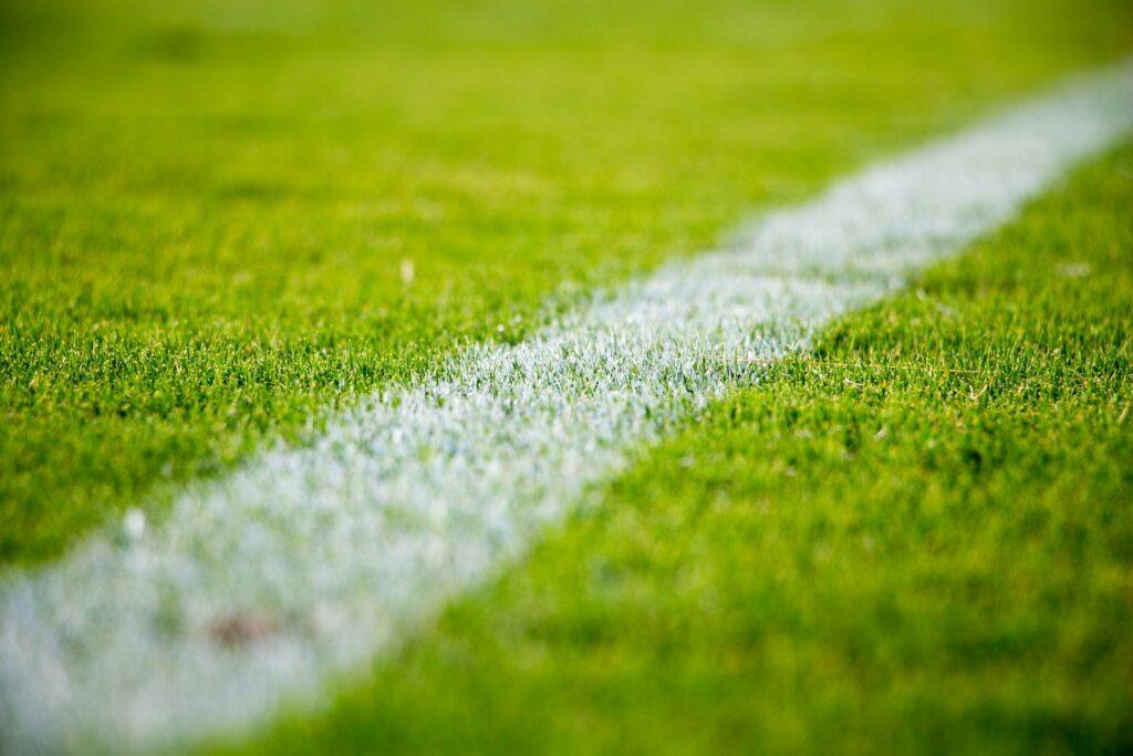 ALT）サッカー場の緑の芝生の上の白い線のクローズ アップ