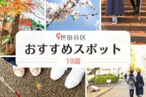 世田谷区のおすすめスポット10選のバナー。紅葉、桜などの画像をコラージュしている